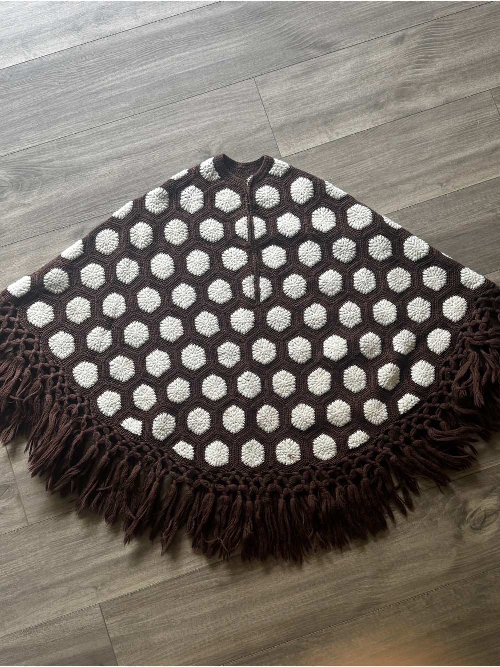 Vintage-Inspired Brown & Cream Crochet Poncho Sweater